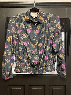 1980s Silk Denim Blue Floral Bomber-Style Blouse